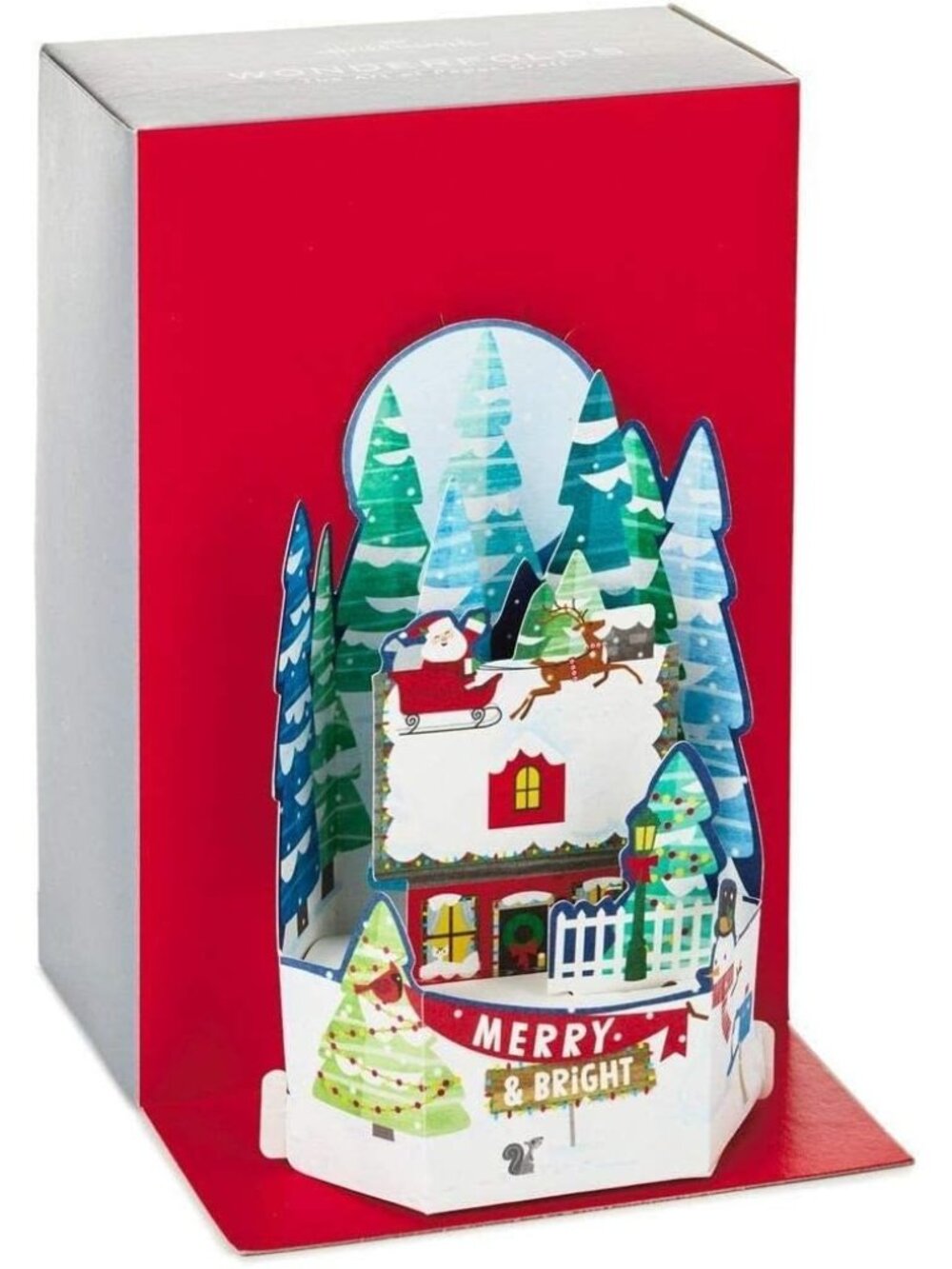 Wonderfolds Pop-Up Christmas Card Featuring Santa Sleigh And Snowy Cottage Scene